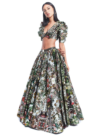 Printed Ruffled Top with Digital Print Long Skirt