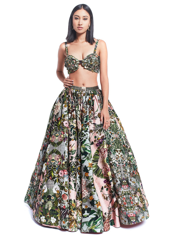 Printed Patchwork Bustier with Dual Coloured Godet Skirt