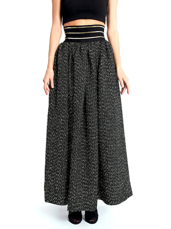 gold and black tweed gathered ankle length skirt 
