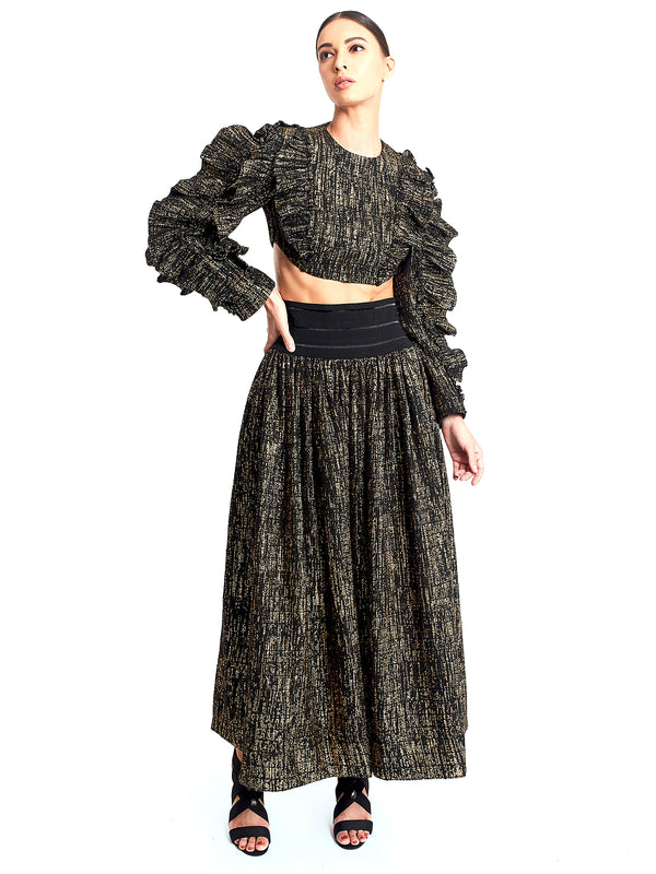 Black and Gold Ruffle Crop Top and Gathered Ankle Length Skirt in Tweed