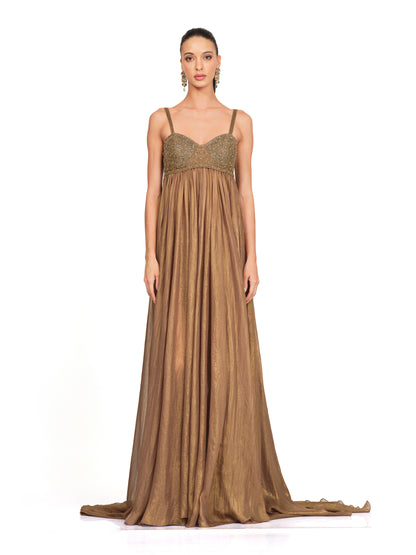 Embroidered Bust Metallic Gown