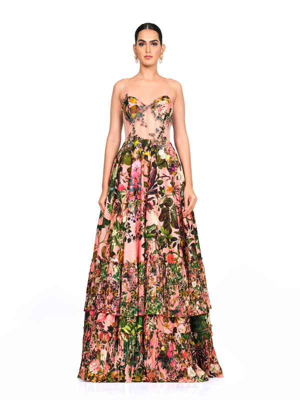 Printed Corset Gown with Appliqué Work.