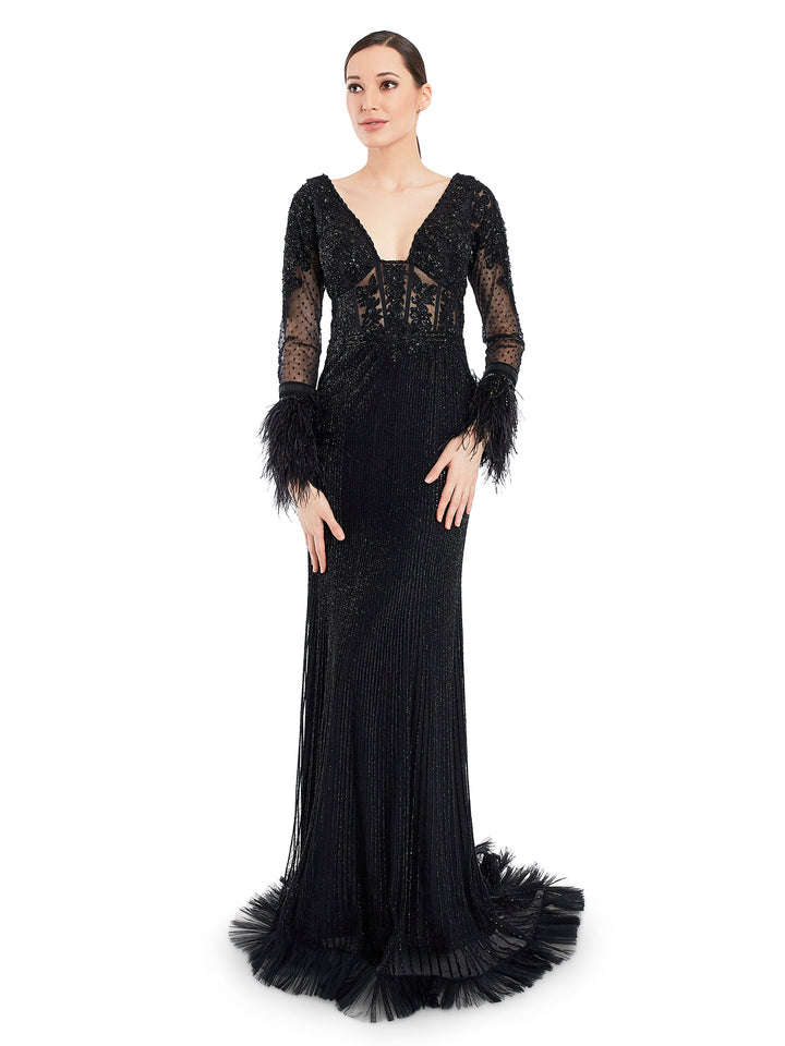 Channel your inner spirit and and youthful party energy in this beaded embroidered gown with feather detailing cuff sleeves. Its an attractive addition to your because its black.