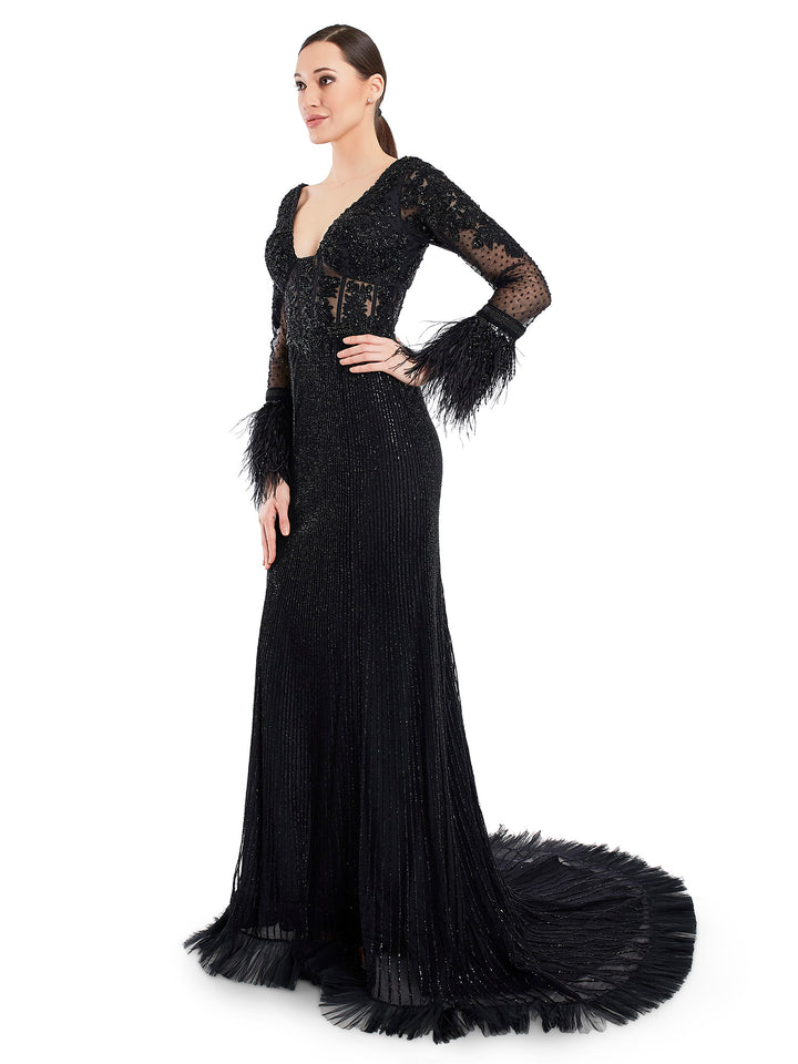 Channel your inner spirit and and youthful party energy in this beaded embroidered gown with feather detailing cuff sleeves. Its an attractive addition to your because its black.