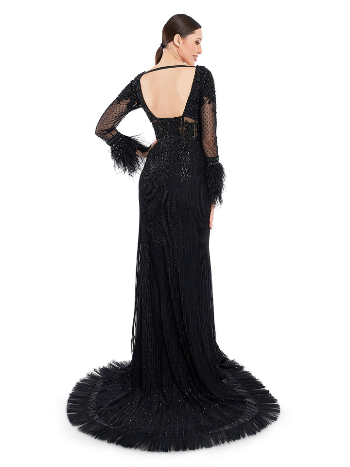 Channel your inner spirit and and youthful party energy in this beaded embroidered gown with feather detailing cuff sleeves. Its an attractive addition to your because its black.