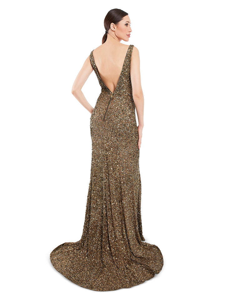 Rocky Star Featuring a Golden Open Back Gown in Georgette Crepe Base With Sequins All Over, Boat Neck & a Trail
