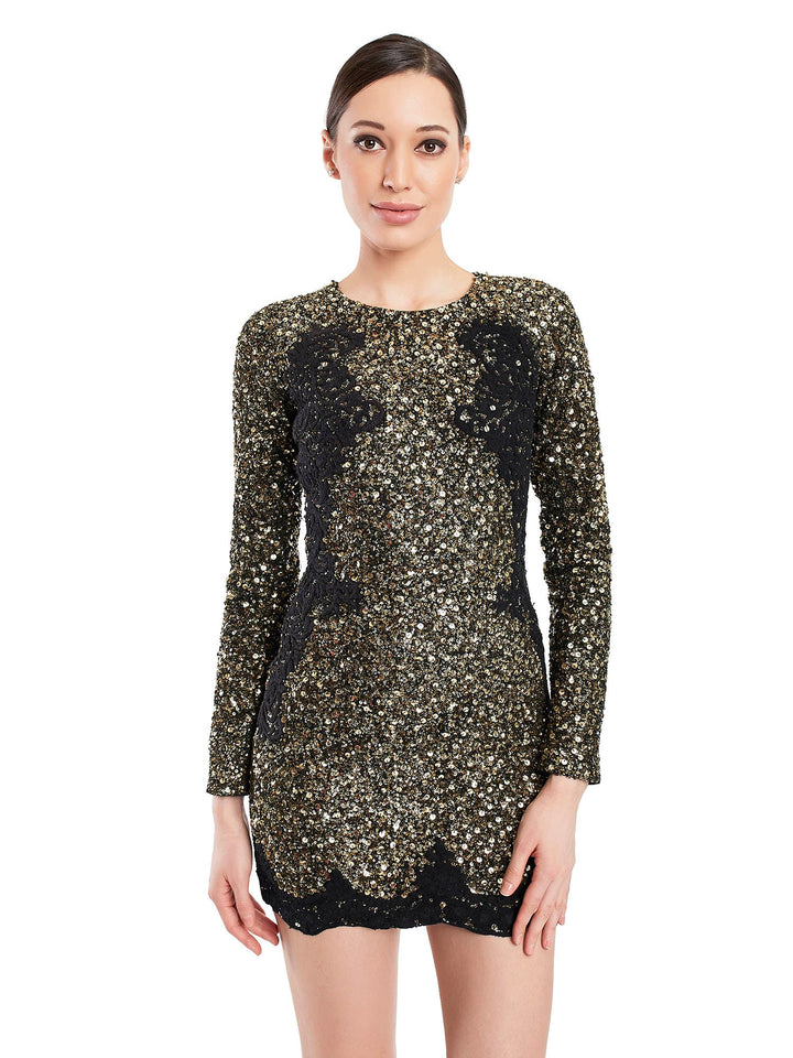 Dance the night away in this gold and black sequence mini dress, that has a figure defining silhouette. Bringing the room to halt as you walk. 