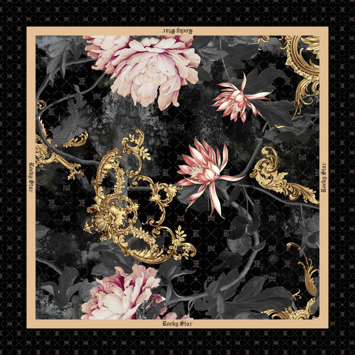 Vibrant as ever, this bright floral print scarf features depth of golden architectural print and RS motifs. Adding that sovereign vision to the soft silk fabric which makes it a timeless design edition.  